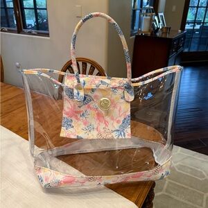 Lilly Pulitzer Clear Tote with Pink, Blue & Yellow Seashell Trim